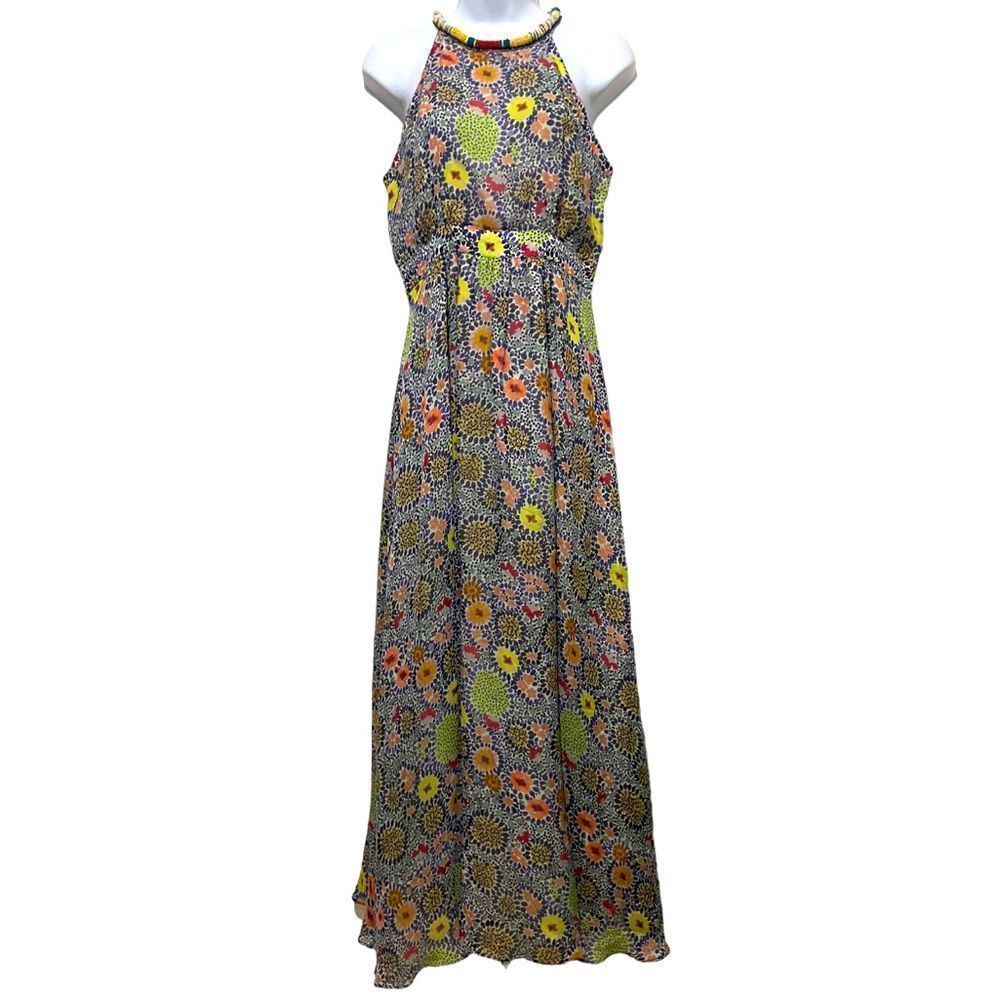 120% Lino Beaded Halter Multicolor Maxi Dress Silk Linen Size EU 42 US 6